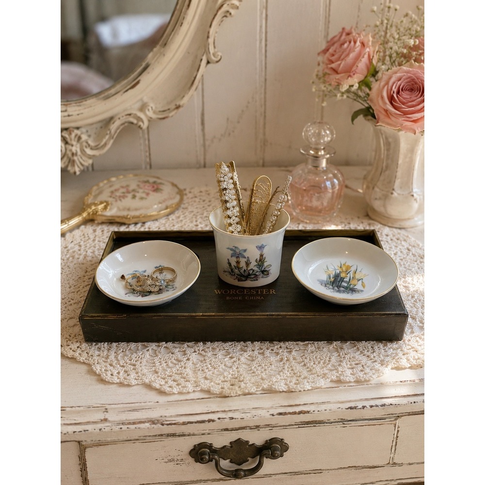 Royal Worcester Bone China Floral Trinket Dish and Pin Jar Set with Box Vintage